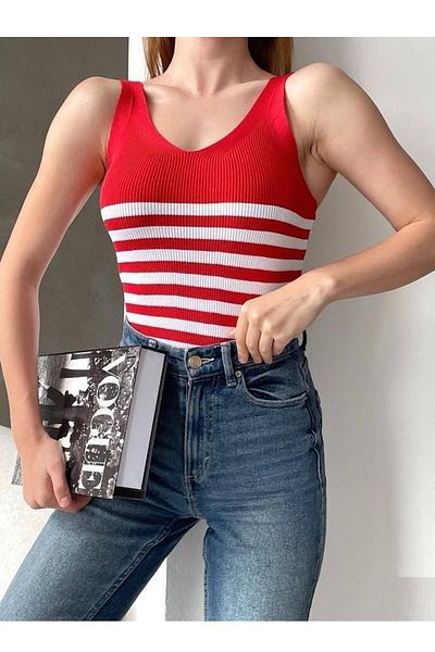 Secret Passion Lingerie Women's Flexible Striped Patterned Knitwear Fabric Strap Basic Blouse 0305