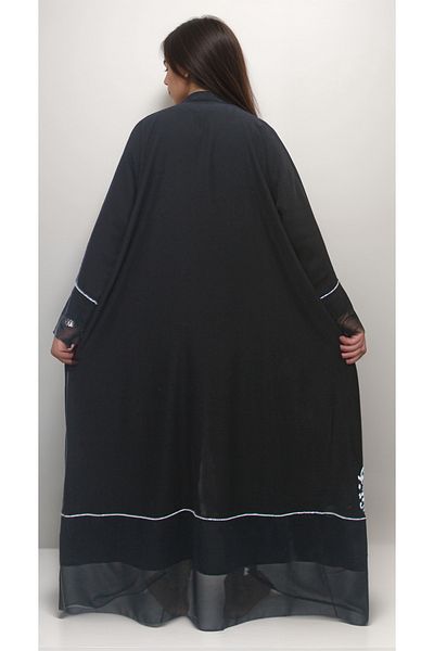 Generic Black polyester abaya with chiffon inserts at the bottom and sleeves and a hand-embroidered shawl