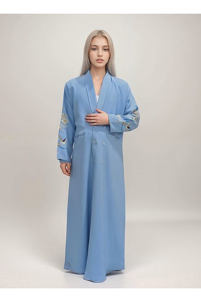 Generic Sky blue abaya with classic embroidery on the sleeves
