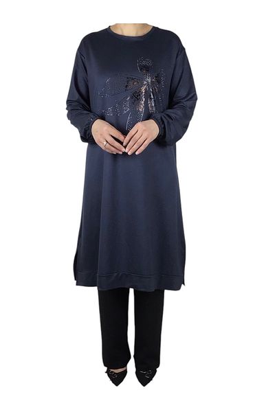 ECE GİYİM Women's Front Printed Crystal Two Thread Large Size Tunic