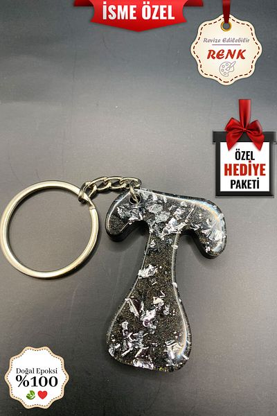 BİZİMSÜS Letter t Anthracite Keychain - Gift Keychain - Epoxy