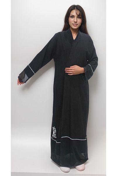 Generic Black polyester abaya with chiffon inserts at the bottom and sleeves and a hand-embroidered shawl