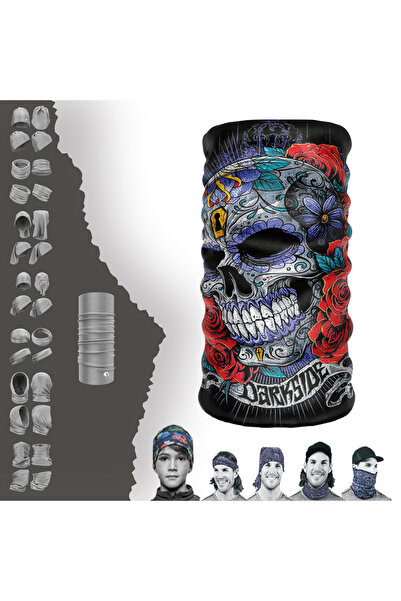 e-Taktik Extreme Çiçekli Kuru Kafa Desenli Boyunluk Bandana Buff Baf