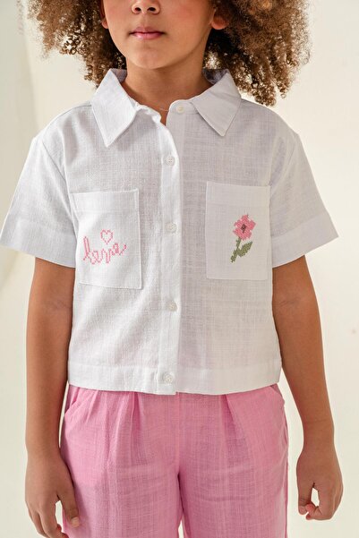 Magu Girls Linen White Embroidery Detailed Shirt and Pink Pants Set - Stylish and Comfortable