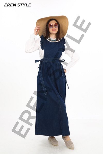 EREN STYLE Pocketed Ruffled Belted Denim Gilet Dress & Hijab Clothing-2460