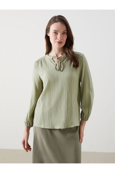 LC Waikiki Strukturierte Oversize-Damenbluse mit gebundenem Kragen