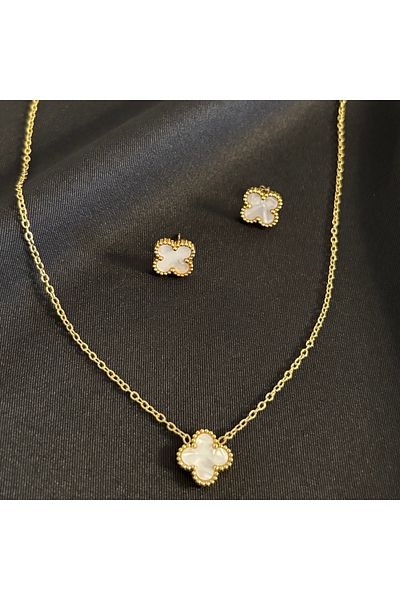 Zeyn مجموعة أقراط وقلادة من الفولاذ الذهبي من Cleef Model White Clover