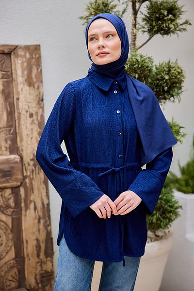 LOCCO Γυναικείο πουκάμισο με κορδόνι στη μέση Navy Blue