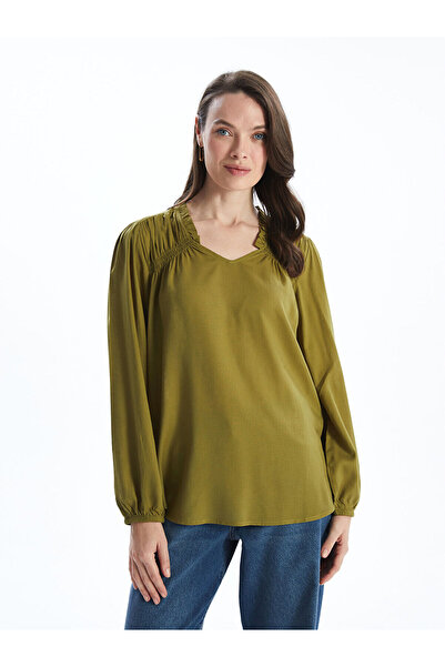 LC Waikiki Peak New Season V-Neck Linen Blend Women's Blouse