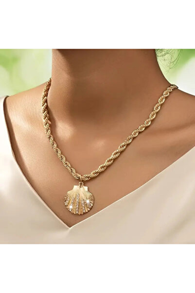 begüm jewelery DENİZ KABUĞU MODEL ZİRKON TAŞLARLA İŞLENMİŞ ALTIN KAPLAMA TASARIM KOLYE