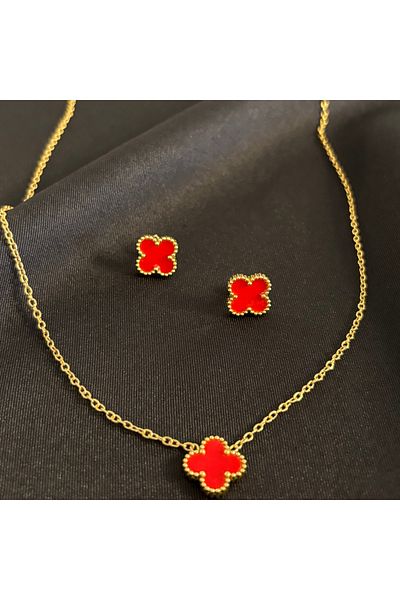 Zeyn مجموعة أقراط وقلادة من الفولاذ الذهبي من Cleef Model Red Clover