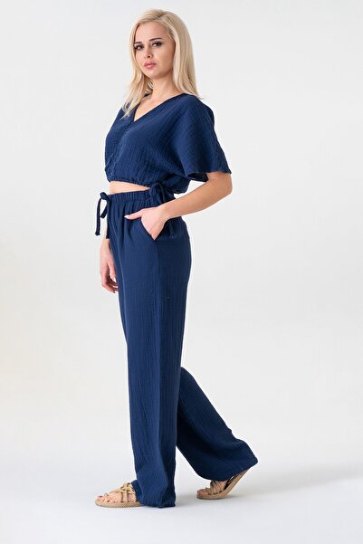 Fashion Showcase Muslin 100% Natural Cotton Elastic Waist Wide Leg Trousers - Navy Blue