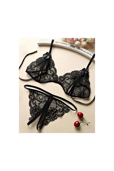 Bacio Giyim Set de chiloți sexy din dantelă neagră Fancy - Opțiuni de mărime Plus