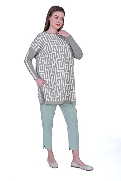 Invee İNVEE 6872 Labirent Desen Triko Tunik - Çağla