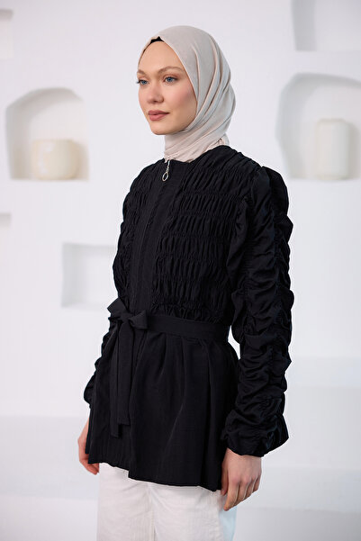 LOCCO Kadın Büzgü Detaylı Fermuarlı Ceket  Lacivert