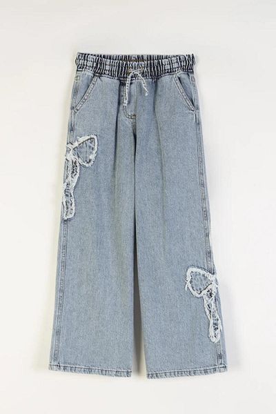 Magu Girl's Light Blue Denim Trousers - Bow Embroidery Detail