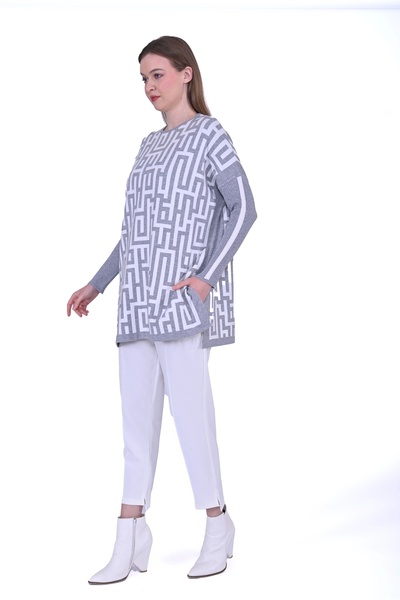 Invee İNVEE 6872 Labirent Desen Triko Tunik - Gri