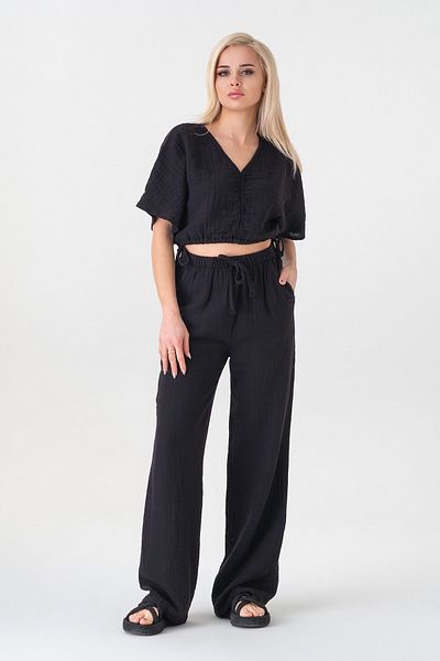 Fashion Showcase Muslin 100% Natural Cotton Elastic Waist Wide Leg Trousers - Black