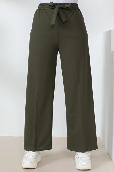 SOSYETE AVM Women's Khaki High Waist Loose Wide Leg Pocket Trousers