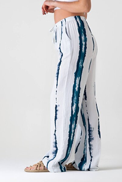 Fashion Showcase 100% Cotton Muslin Trousers Patterned Elastic Waist Pocket Petrol