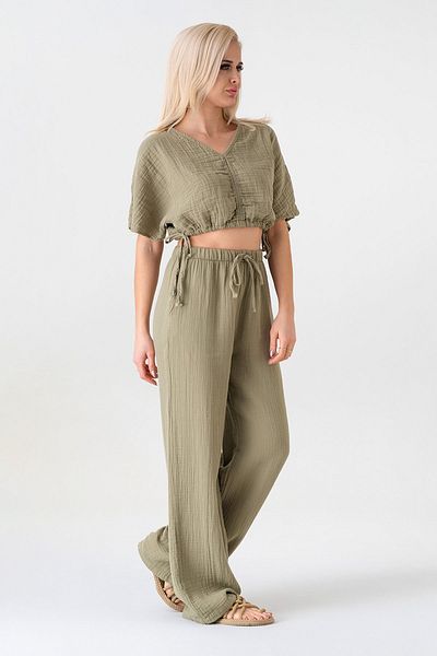 Fashion Showcase Pantaloni largi din muselina 100% bumbac natural cu talie elastica - verde