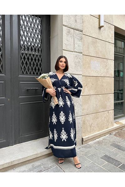 Lusin Rochie de vară lungă, albastru bleumarin, cu mâneci liliac, cu guler dublu