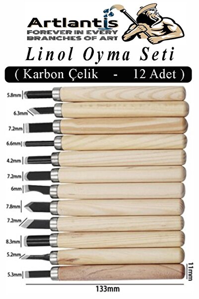 Artlantis Linol Oyma Seti 12 Parça 1 Paket Linol Oyma Kesme Bıçak Seti 12 Bıçaklı Linolyum Baskı Ahşap Saplı
