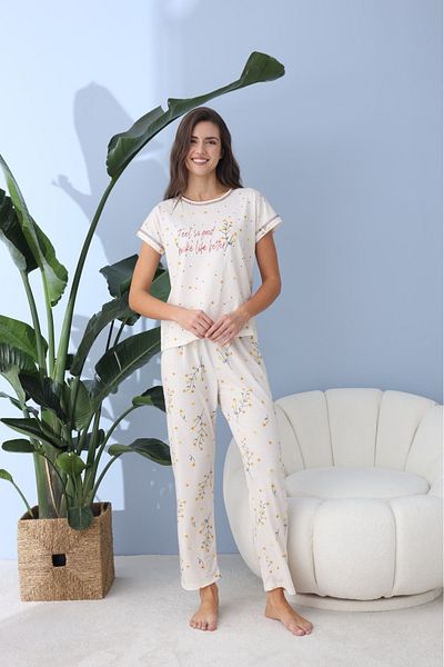 makkash Set de pijamale de damă cu mânecă scurtă cu imprimeu floral alb