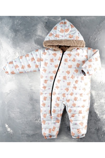 DUBLİNO KİDS New Cute Teddy Bear and Strawberry Pattern Zippered Hooded Welsoft Cosmonaut Jumpsuit