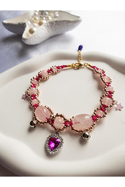 BeuBella Aksesuar Doğal Taş Pembe Kuvars Boncuklu Kristal Pembe Charmlı Kedi ...