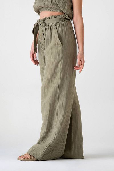 Fashion Showcase Țesătură de muselină 100% bumbac Pantaloni de muselină cu talie înaltă cu buzunar cu șnur - verde