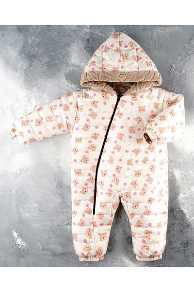 DUBLİNO KİDS New Cute Teddy Bear and Strawberry Pattern Zippered Hooded Welsoft Cosmonaut Jumpsuit