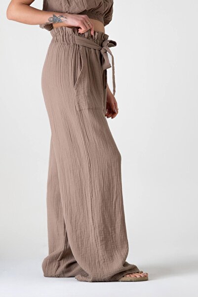 Fashion Showcase 100% Cotton Muslin Fabric, High Waist Drawstring and Detailed Pocket Shiny Pants