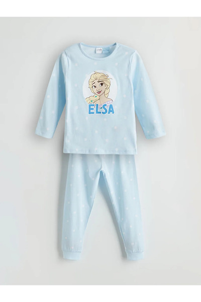 LC Waikiki Blue Crew Neck Elsa Printed Girls' Pajama Set