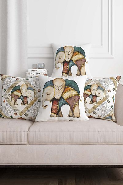 Pillow Home Ethnic Elephant Patterned White Background Digital Printed Decorative Set of 4 Throw Pillow Cases