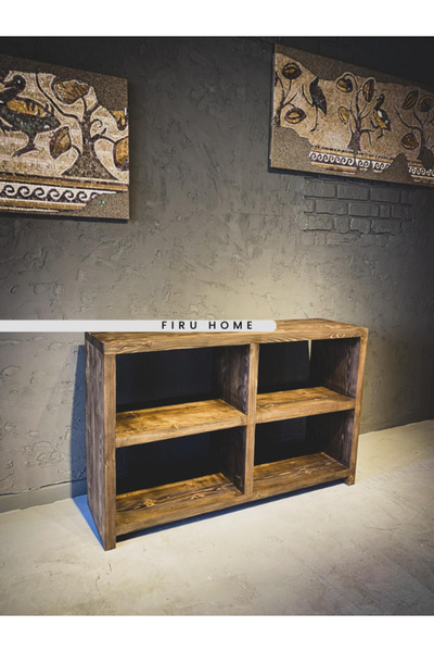FIRU HOME Rustik Ahşap Kitaplık - Doğal Çam 4 Bölmeli Dekoratif Raf