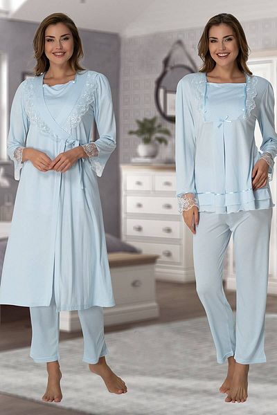 Effortt Pregnant Maternity Pajama Set with Blue Dressing Gown