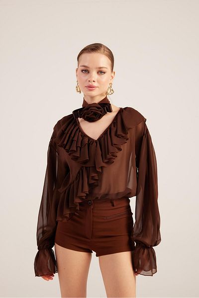 HOLLY LOLLY Chiffon Sassy Shirt with Ruffled Rose Choker Accessories Brown