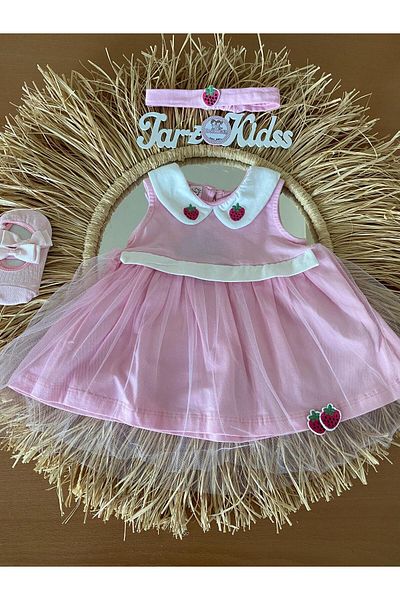 EBRU ÖZÖRGÜCÜ Girl Child Bebe Collar Strawberry Tulle Dress Bandana Socks Suit