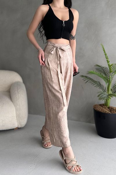 Fav Style High Waist Binding Detailed Beige Women's Trousers