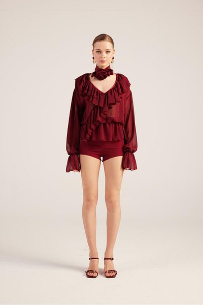 HOLLY LOLLY Chiffon Sassy Shirt with Ruffled Rose Choker Accessories Claret Red
