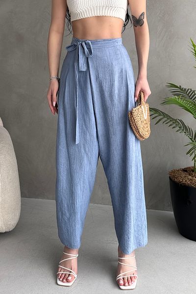 Fav Style High Waist Tied Women's Pants - Blue with Wide Legs and Details