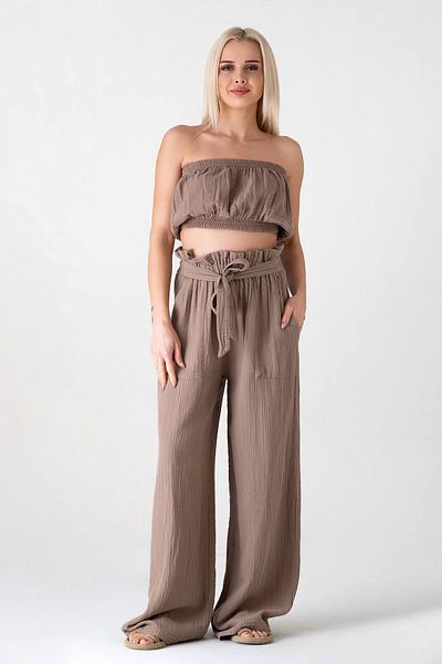 Fashion Showcase 100% Cotton Muslin Fabric, High Waist Drawstring and Detailed Pocket Shiny Pants