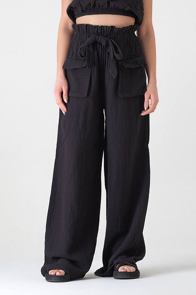 Fashion Showcase Pantaloni din țesătură de muselină 100% bumbac cu talie înaltă și buzunar cargo în față - negru