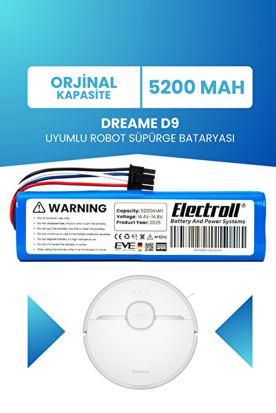ELECTROLL Dreame D9 Uyumlu Batarya (ORJİNAL KAPASİTE) 5200mah Pil Robot Süpür...