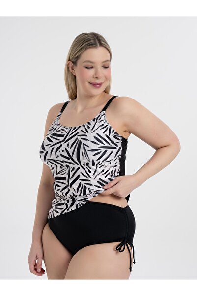 AQUAVİVA Aquaviva Women's Black and White Pattern Large Size Christiana Gathering Adjustable Strap Tankini