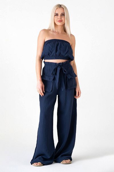Fashion Showcase Muslin Fabric 100% Cotton High Waist Front Cargo Pocket Trousers - Navy Blue