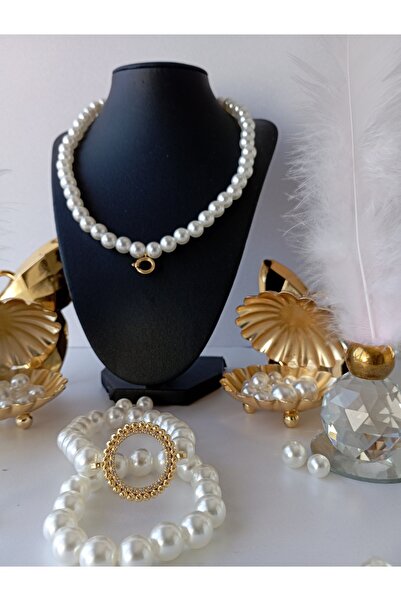 PD GRUP İncili Gemici Kilitli Kolye CALSSİC Yarım Altın Uyumlu Bileklik Set Flower