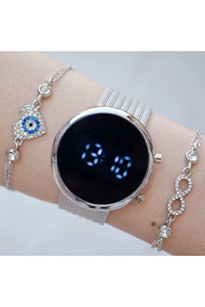 Polo Silver Hasır Kordon Dijital Kadın Saat Kombini 9400