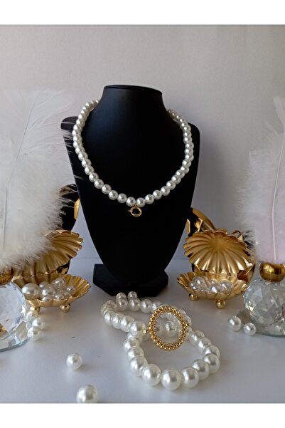 PD GRUP İncili Gemici Kilitli Kolye CALSSİC Yarım Altın Uyumlu Bileklik Set Flower